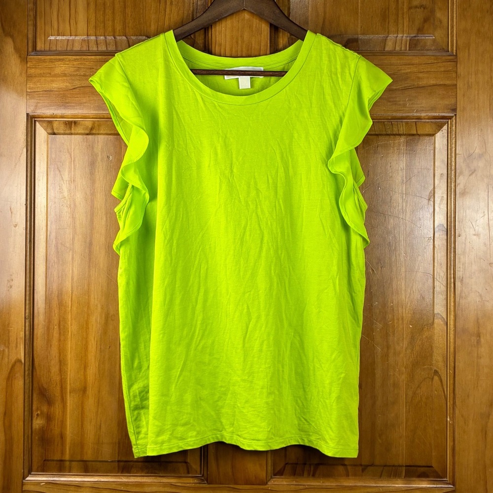 Michael Kors Lime Green Ruffle Sleeve Top XL Neon Crew Neck Cotton Blend